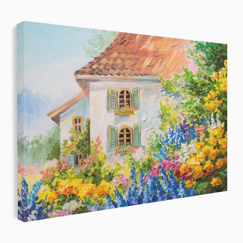 Tablou canvas cu pictura cu casa alba si flori, fara rama, pe sasiu de lemn